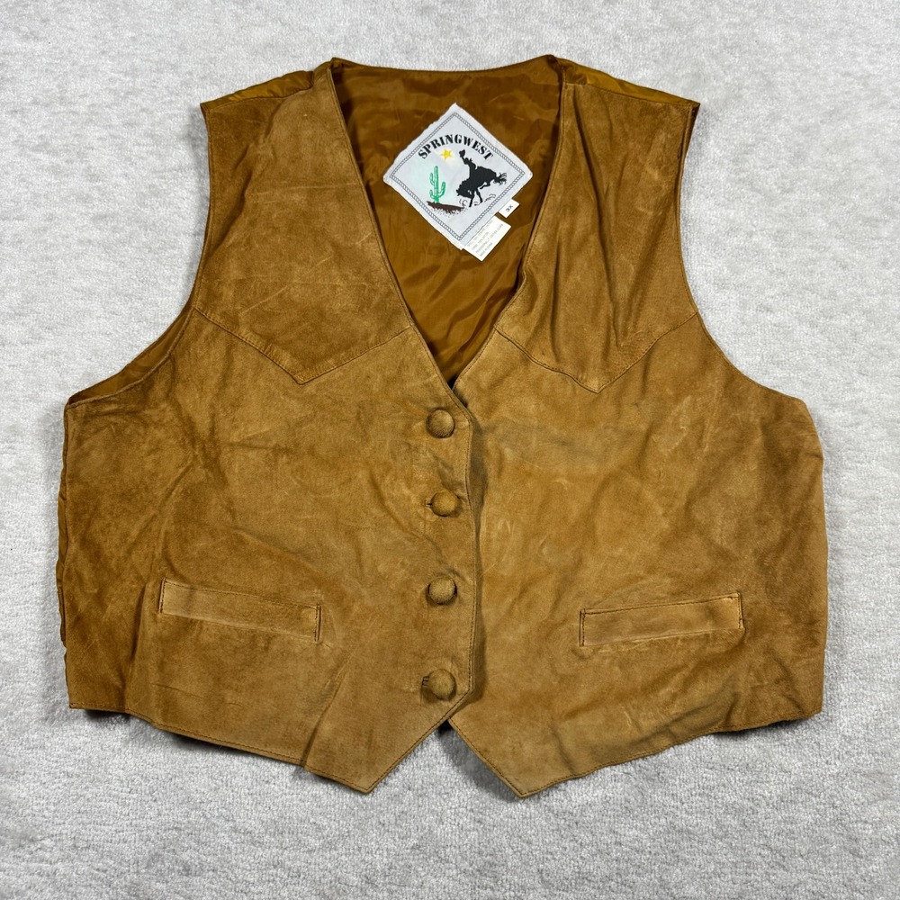 Springwest Leather Vest Mens 3X Tan Suede Western Cowboy Cinch Back Button Front